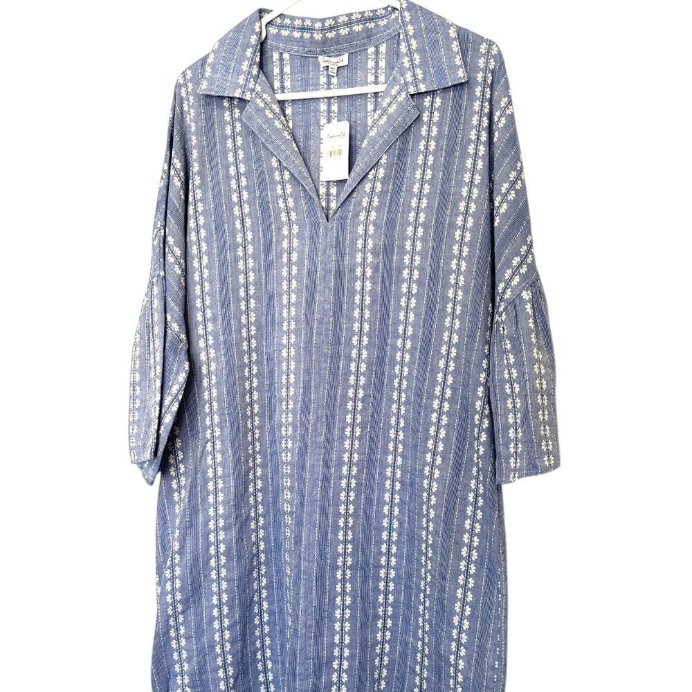 NWT Splendid Pop Over Dress Size XL Collar Blue White Bell Sleeve New